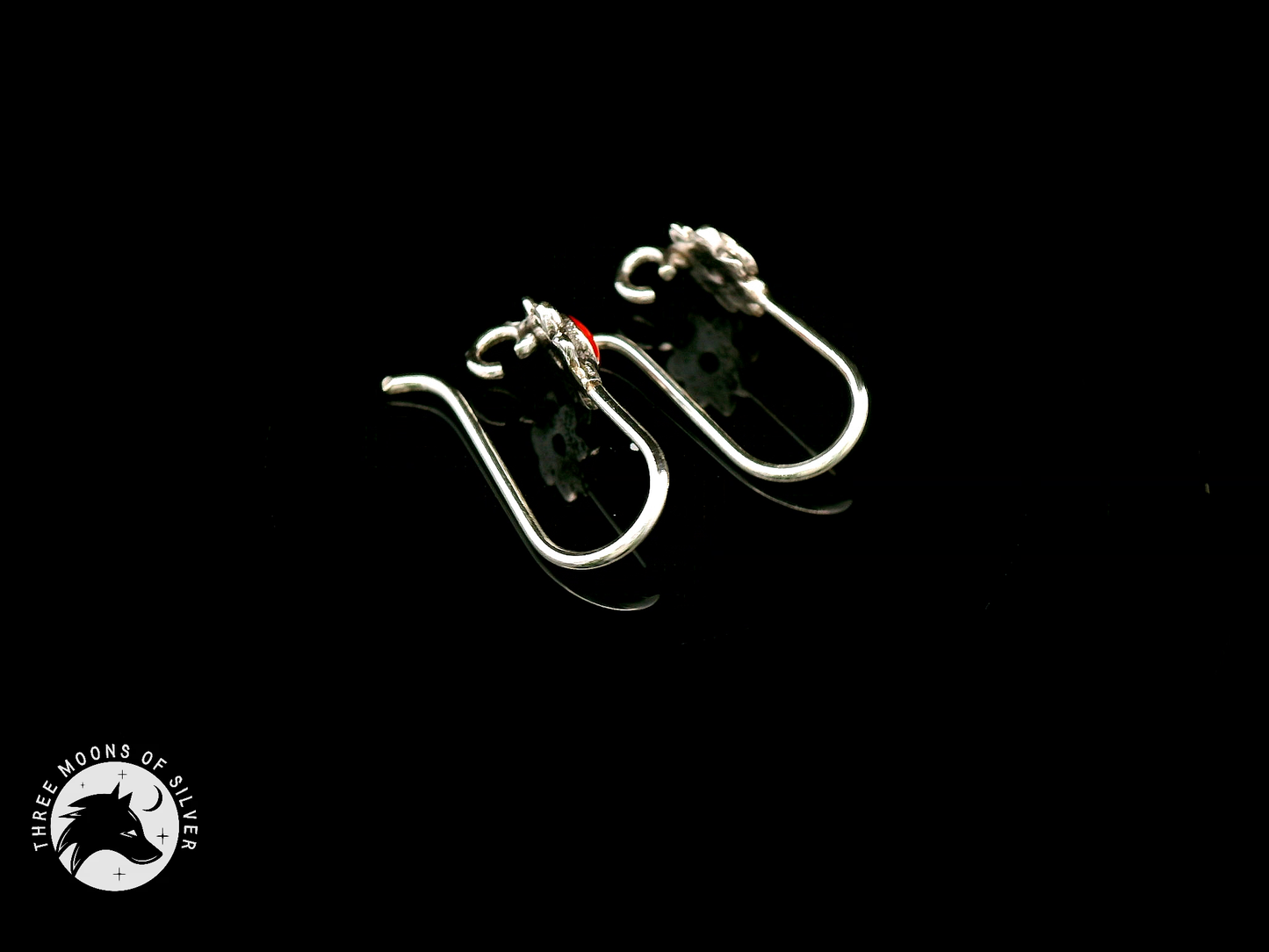 Silver Fish Hook Earrings with Red Flower 14mm