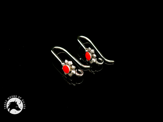 Silver Fish Hook Earrings with Red Flower 14mm