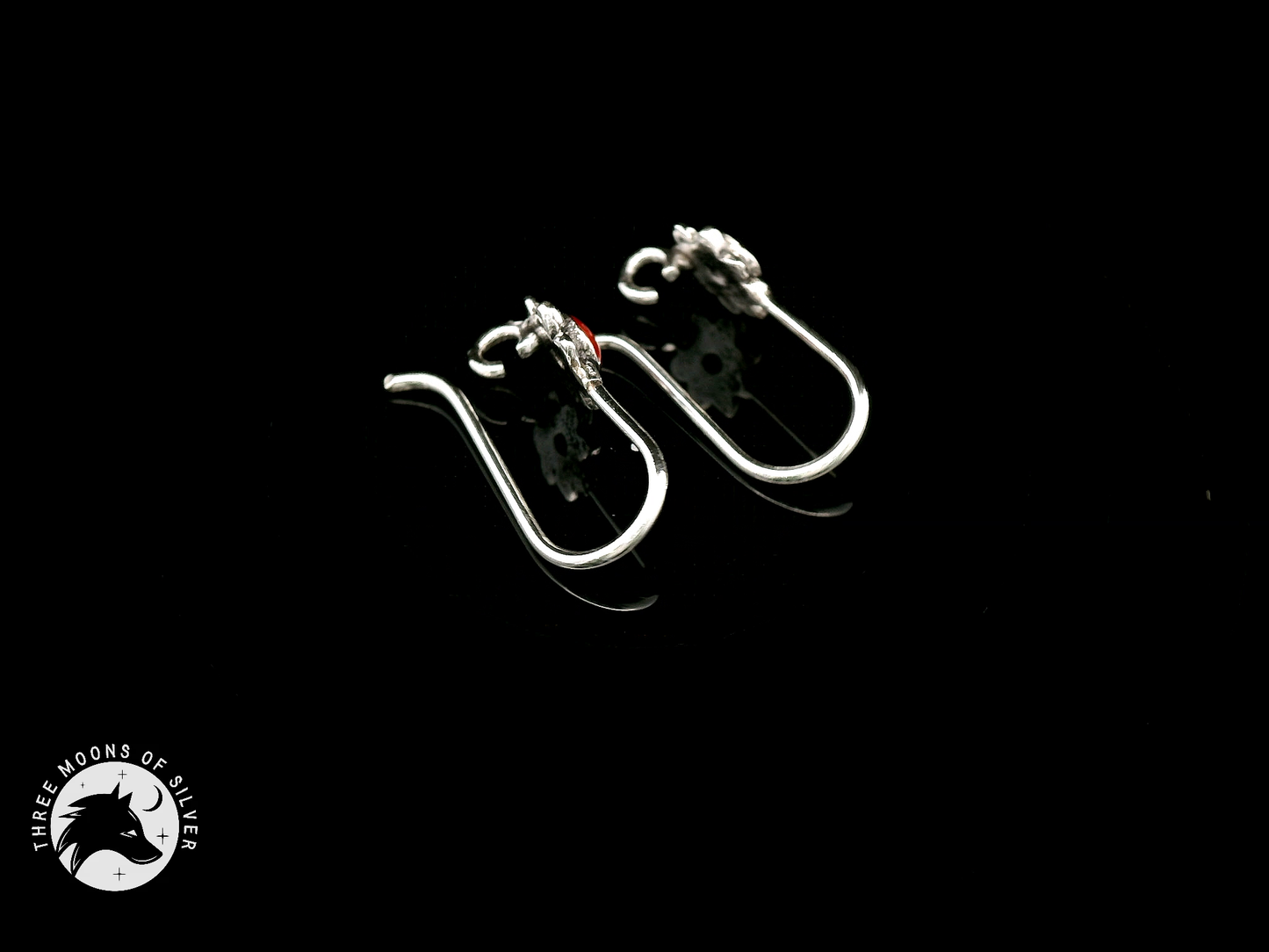 Silver Fish Hook Earrings with Red Flower 14mm