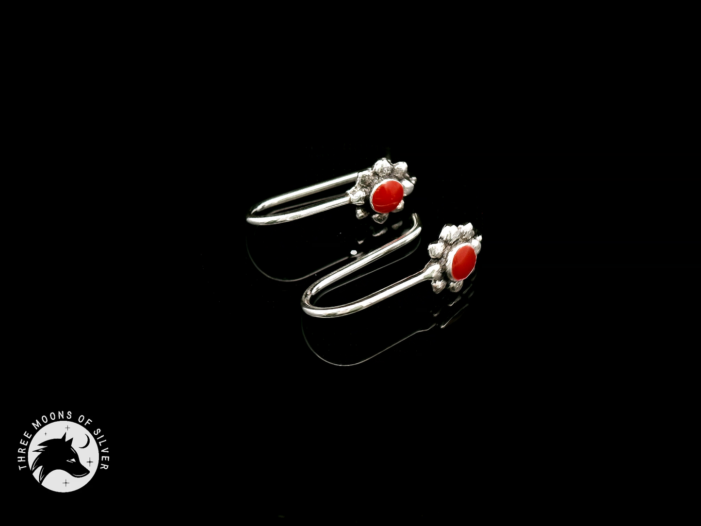 Silver Fish Hook Earrings with Red Flower 14mm