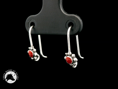 Silver Fish Hook Earrings with Red Flower 14mm
