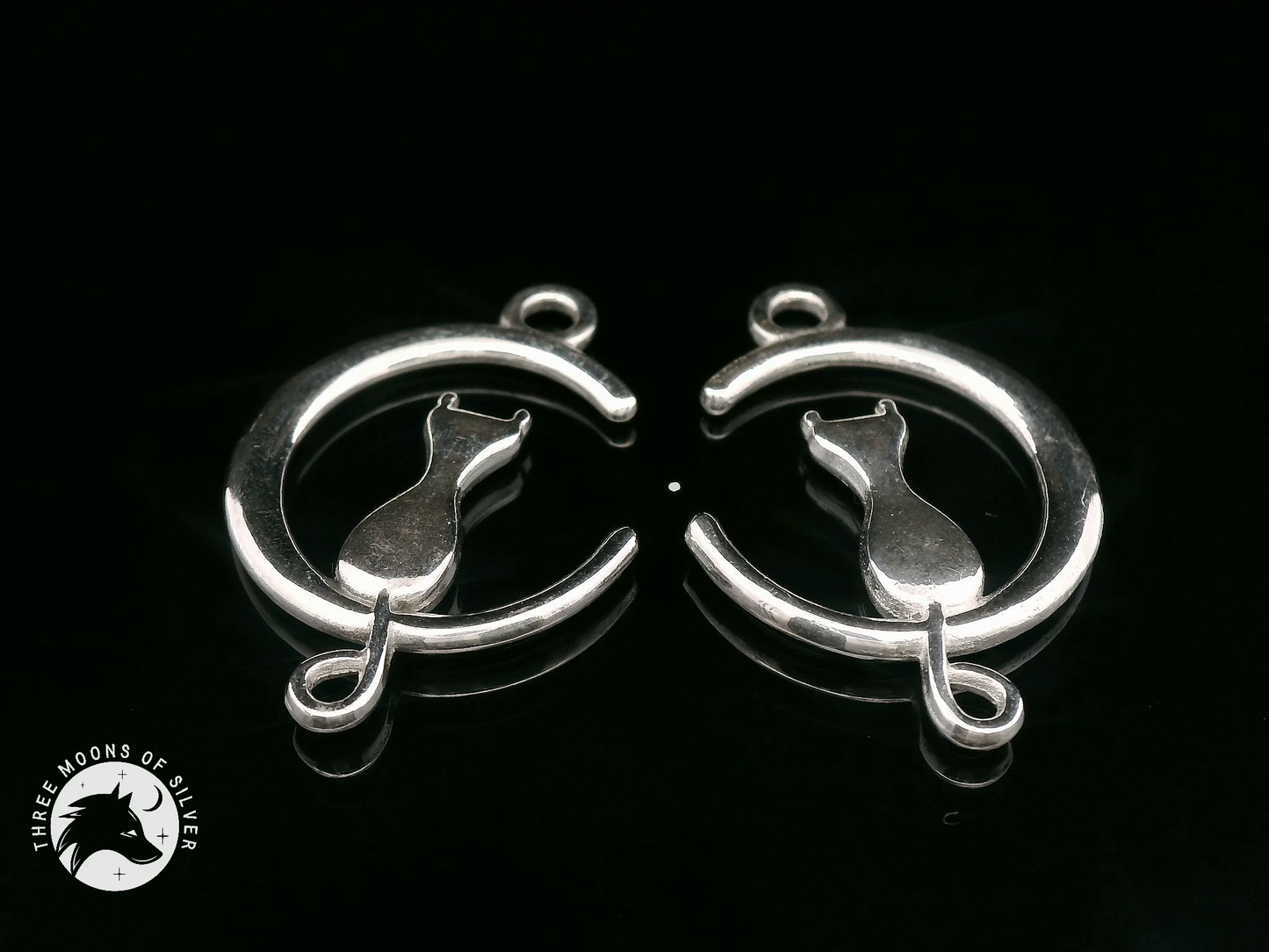 Cat and Moon Silver Drop Earrings 27mm